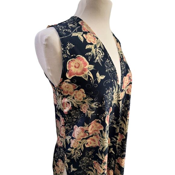 Floral Sleeveless Kimono Duster Wrap Navy Lightweight S Boho Flowy Semi Sheer - Picture 8 of 12